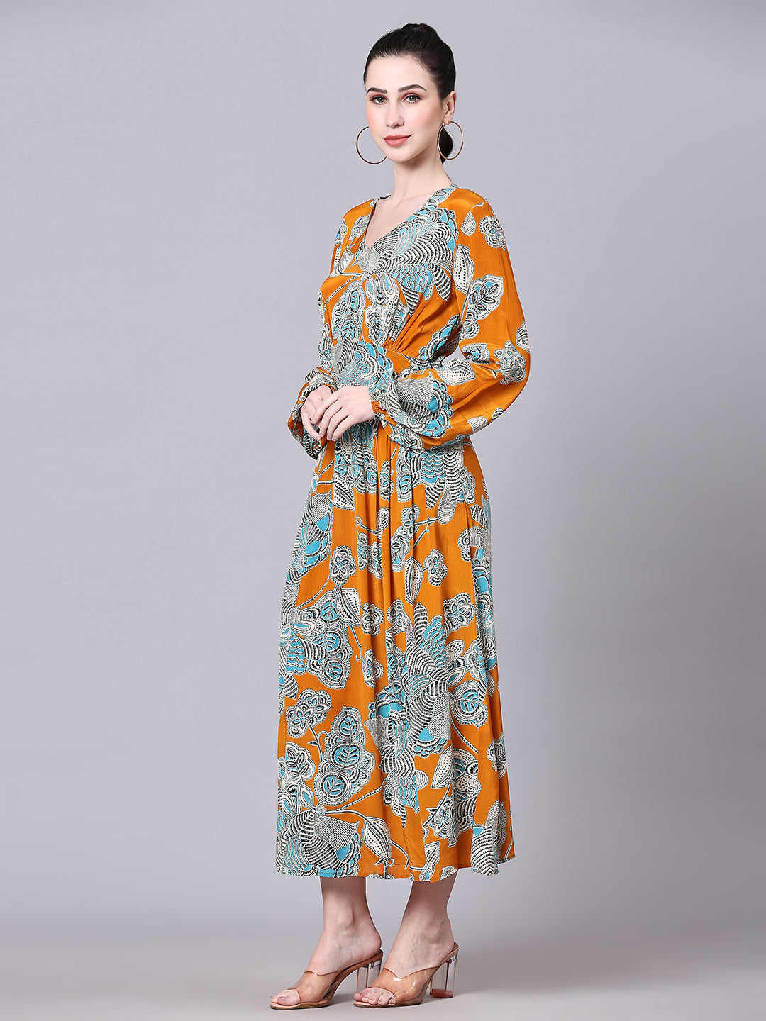 Pomegal Mustard Fit and Flare Printed Midi Dress