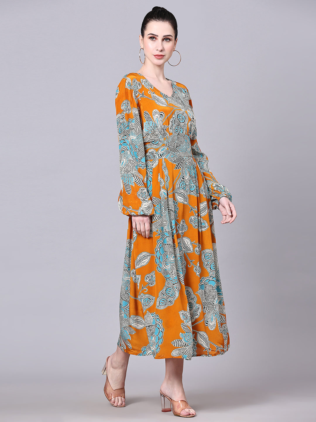 Pomegal Mustard Fit and Flare Printed Midi Dress