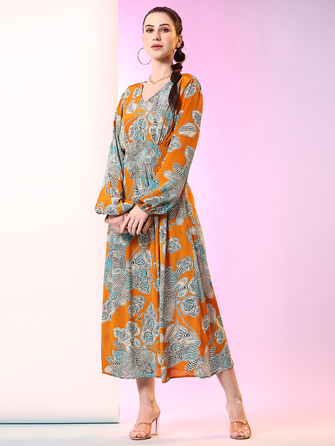 Pomegal Mustard Fit and Flare Printed Midi Dress