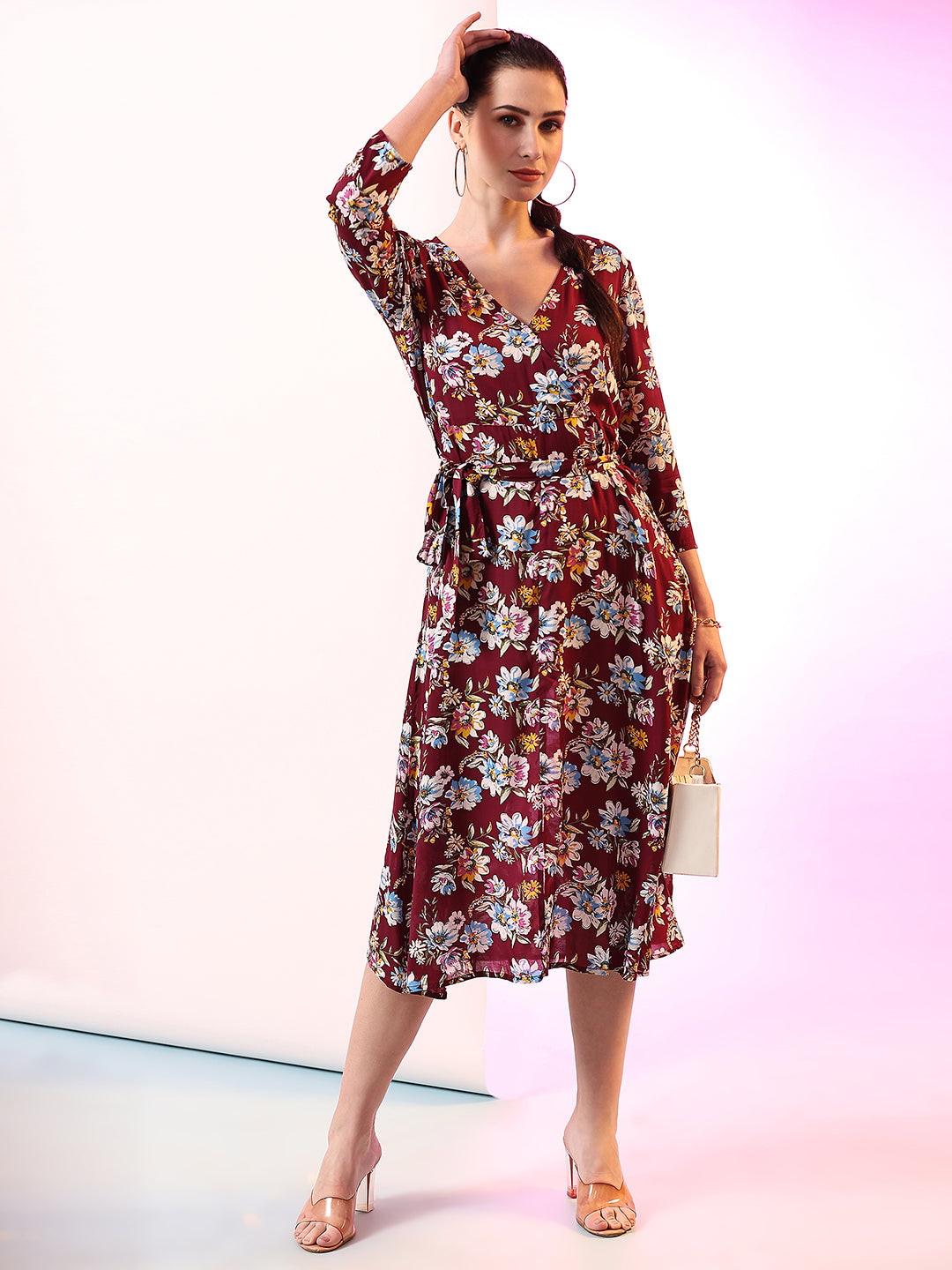 Pomegal Maroon Wrap Printed Midi Dress