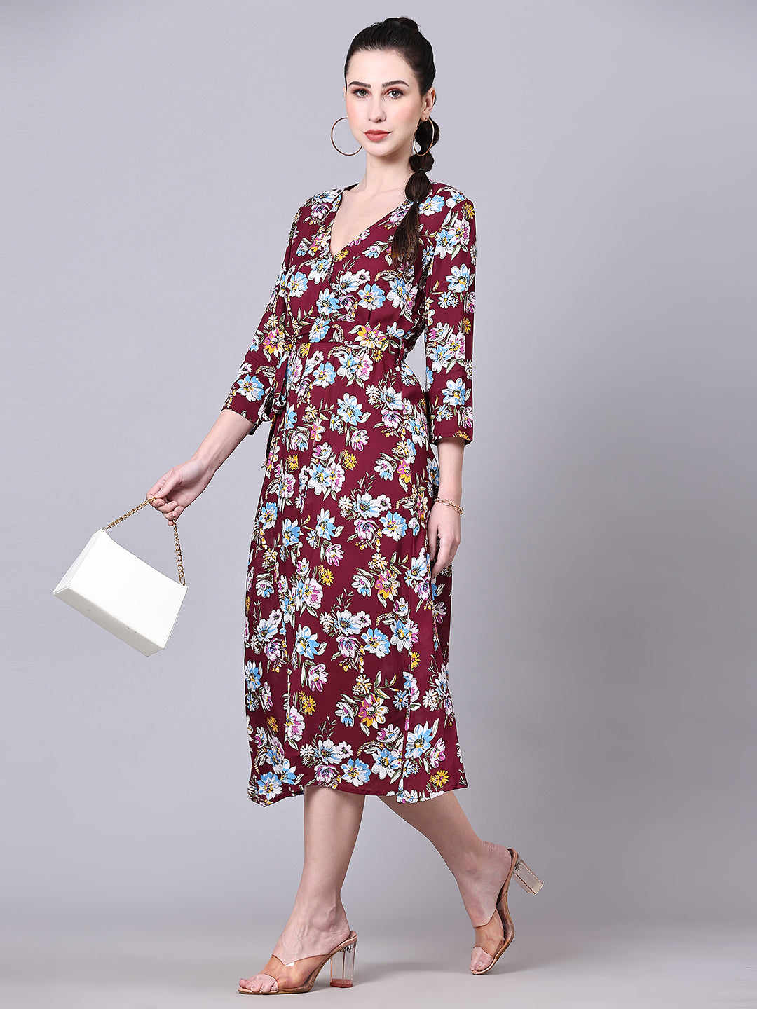 Pomegal Maroon Wrap Printed Midi Dress