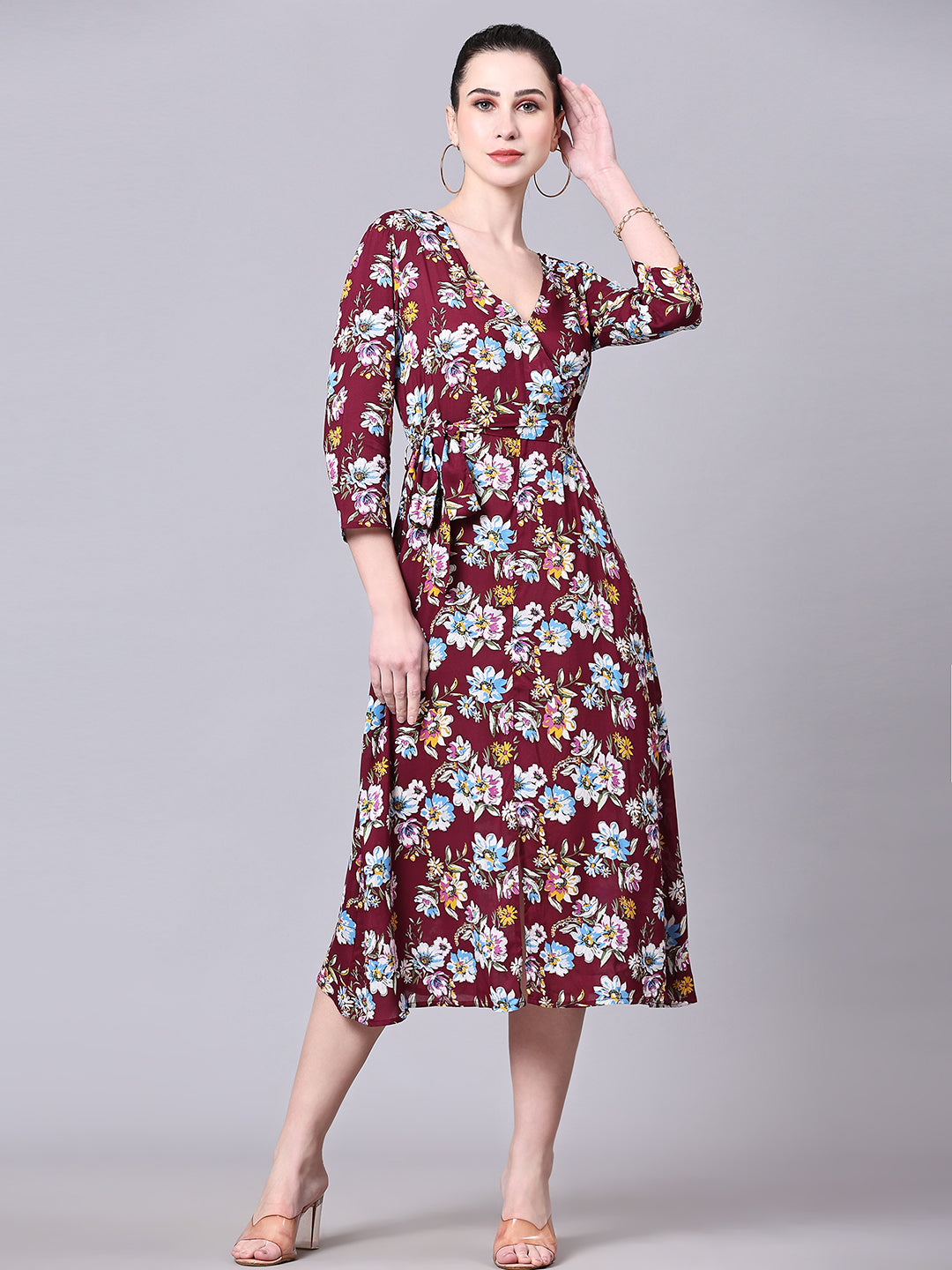 Pomegal Maroon Wrap Printed Midi Dress