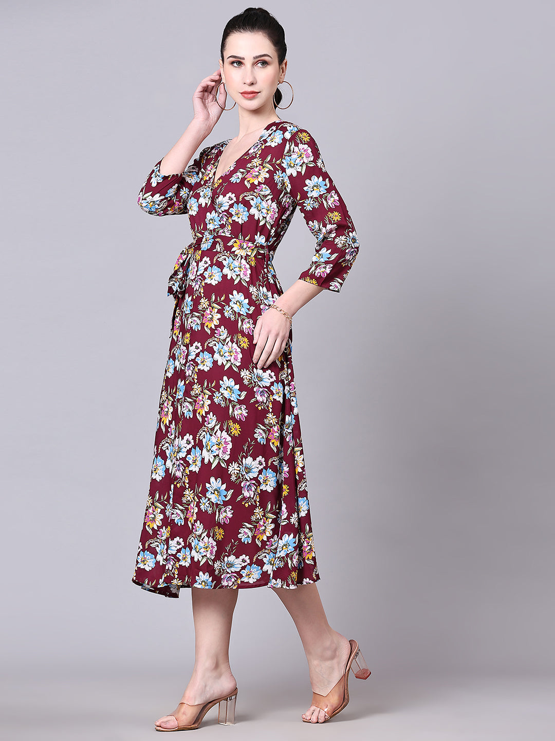 Pomegal Maroon Wrap Printed Midi Dress