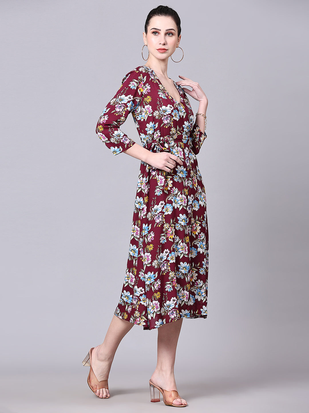 Pomegal Maroon Wrap Printed Midi Dress