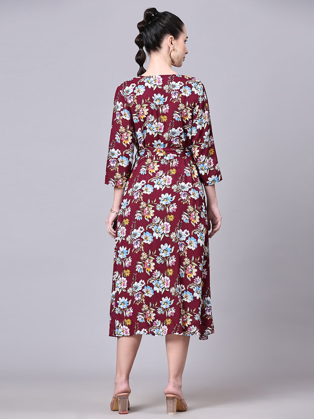 Pomegal Maroon Wrap Printed Midi Dress