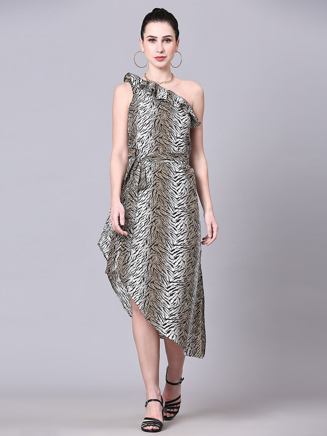 Pomegal Green Animal Printed Asymmetric Dress