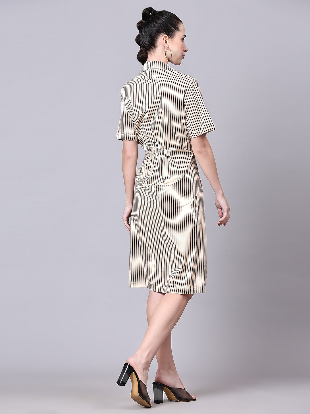 Pomegal Beige A-Line Striped Midi Dress