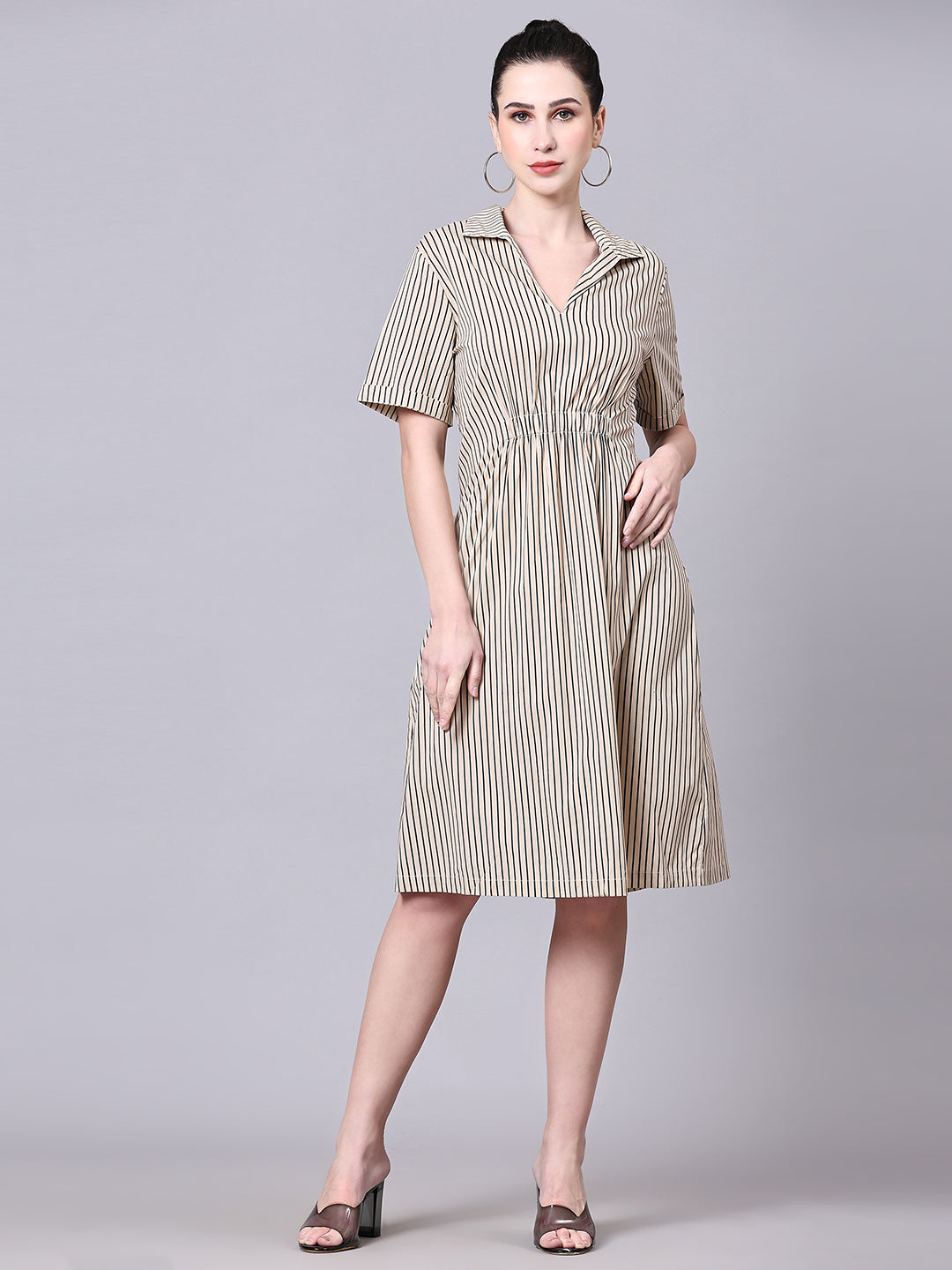 Pomegal Beige A-Line Striped Midi Dress