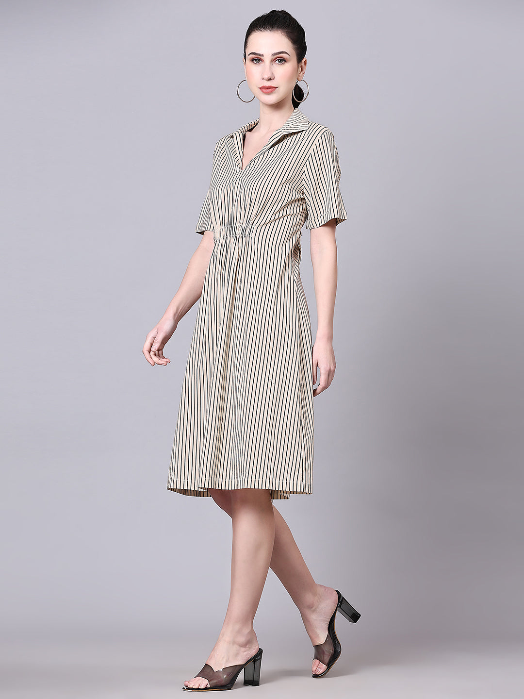 Pomegal Beige A-Line Striped Midi Dress