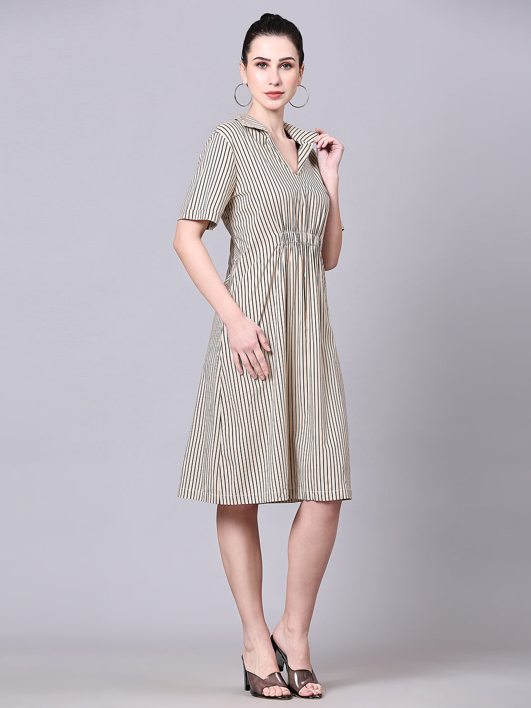 Pomegal Beige A-Line Striped Midi Dress