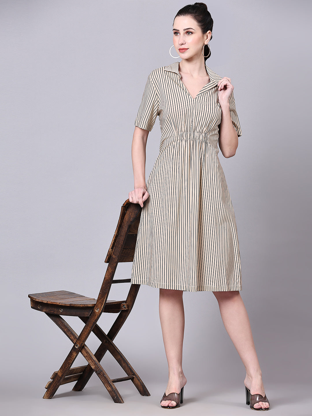 Pomegal Beige A-Line Striped Midi Dress