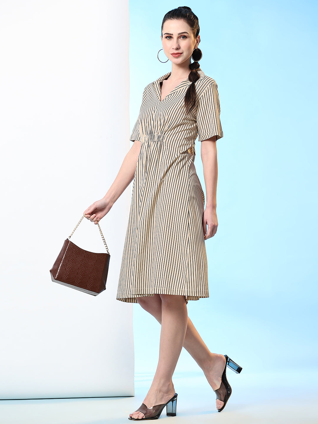 Pomegal Beige A-Line Striped Midi Dress