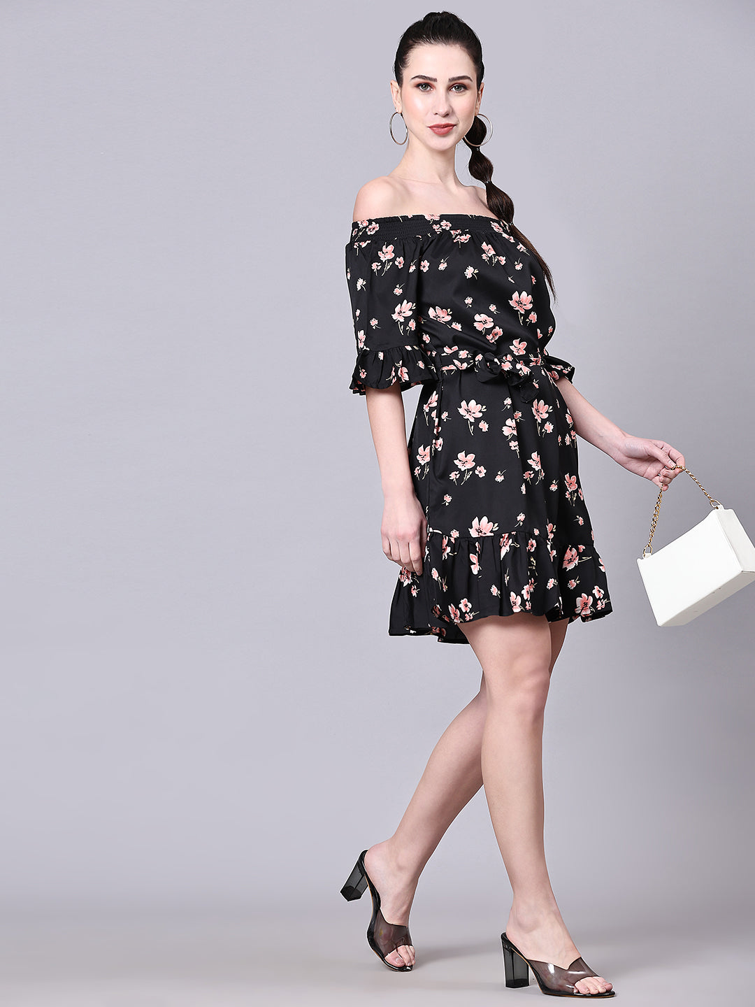 Pomegal Black Floral Printed Smocked Mini Dress