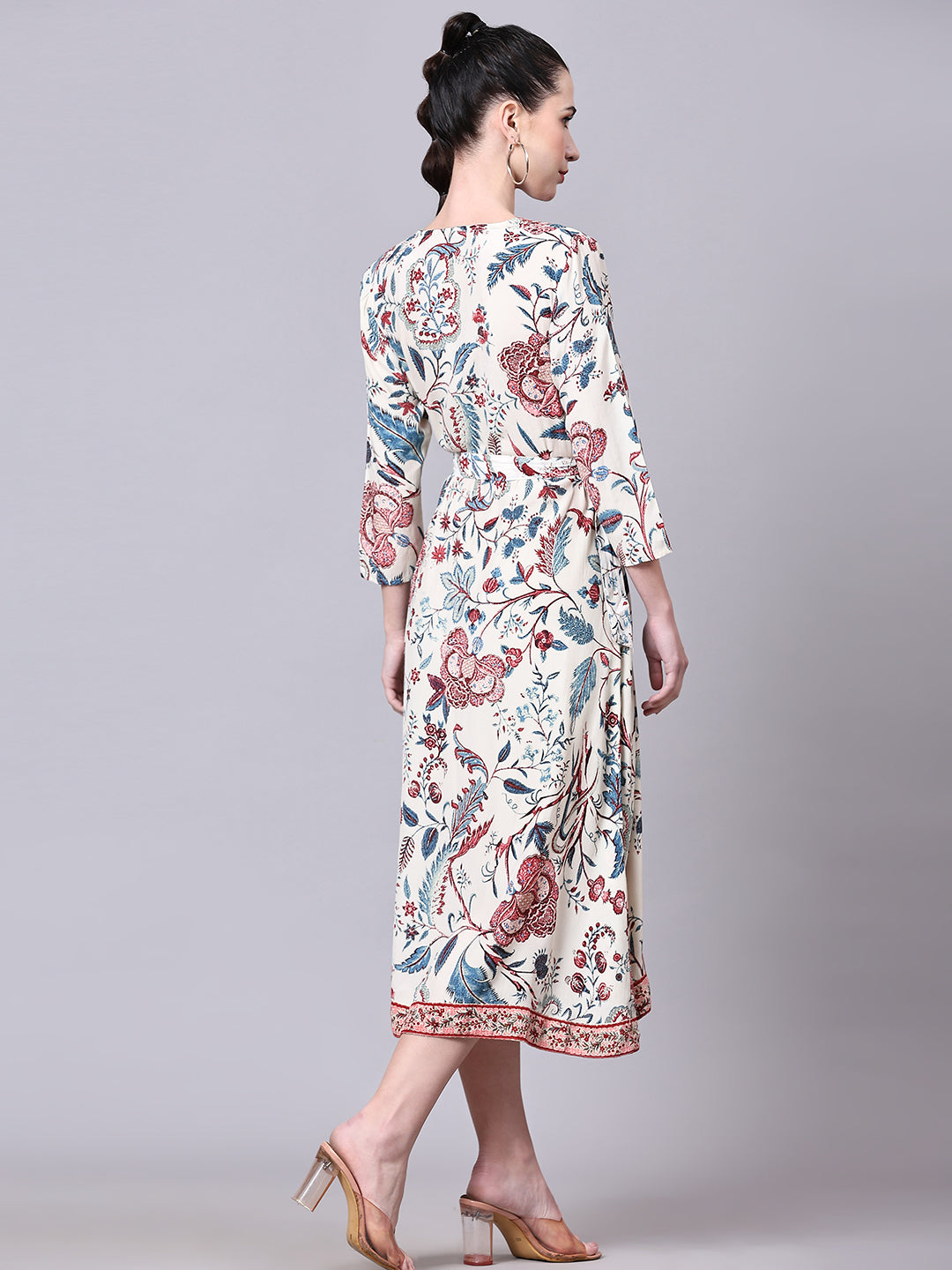 Pomegal White Floral Printed Wrap Midi Dress