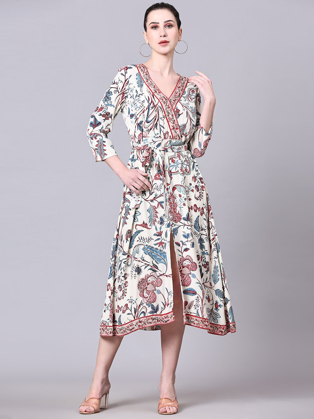 Pomegal White Floral Printed Wrap Midi Dress