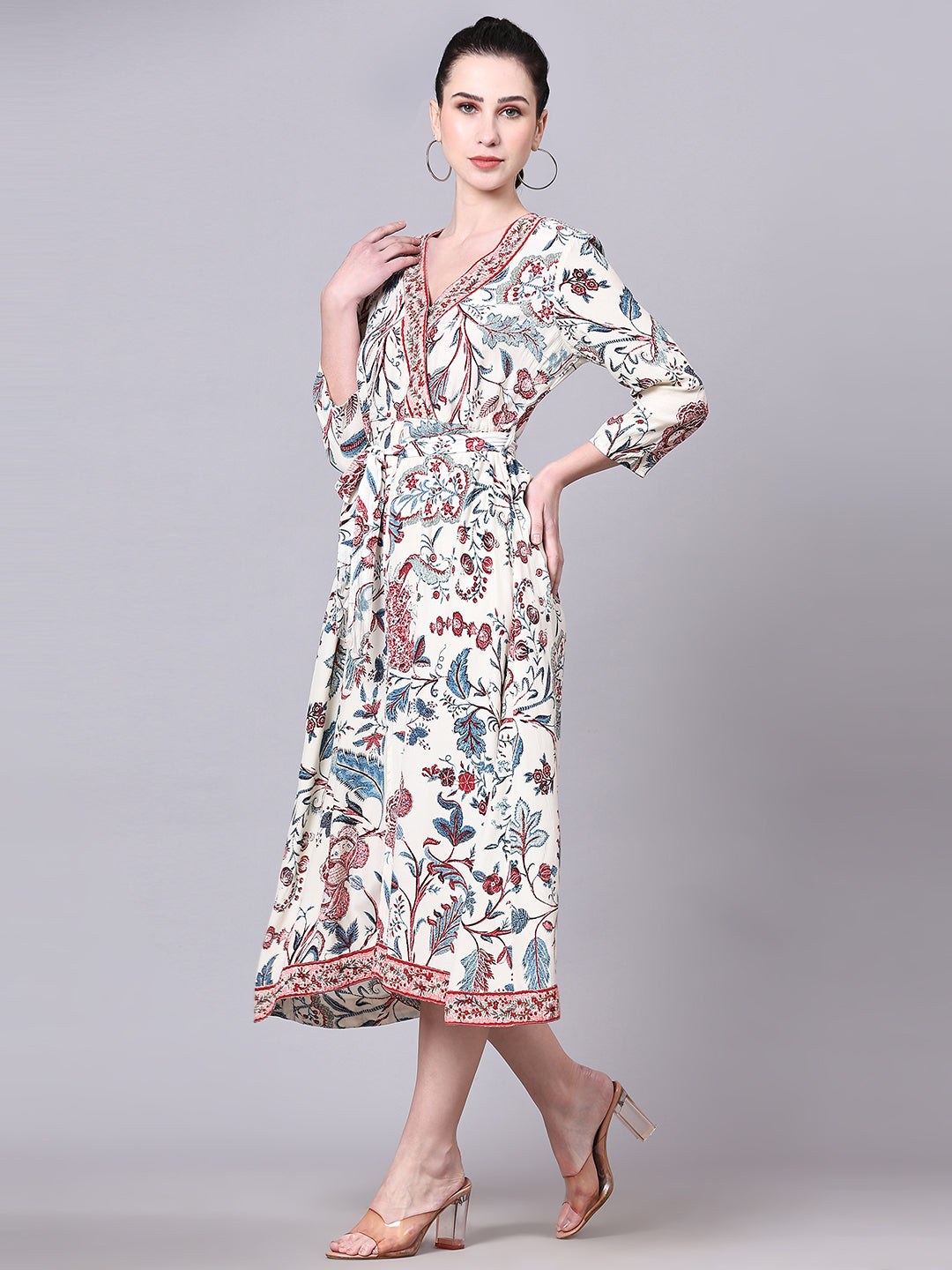 Pomegal White Floral Printed Wrap Midi Dress