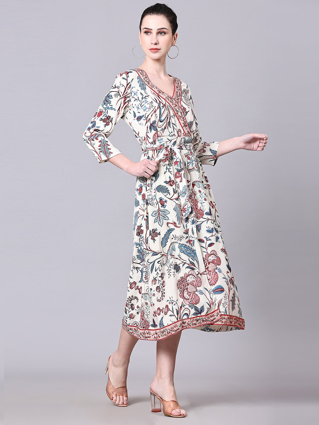 Pomegal White Floral Printed Wrap Midi Dress