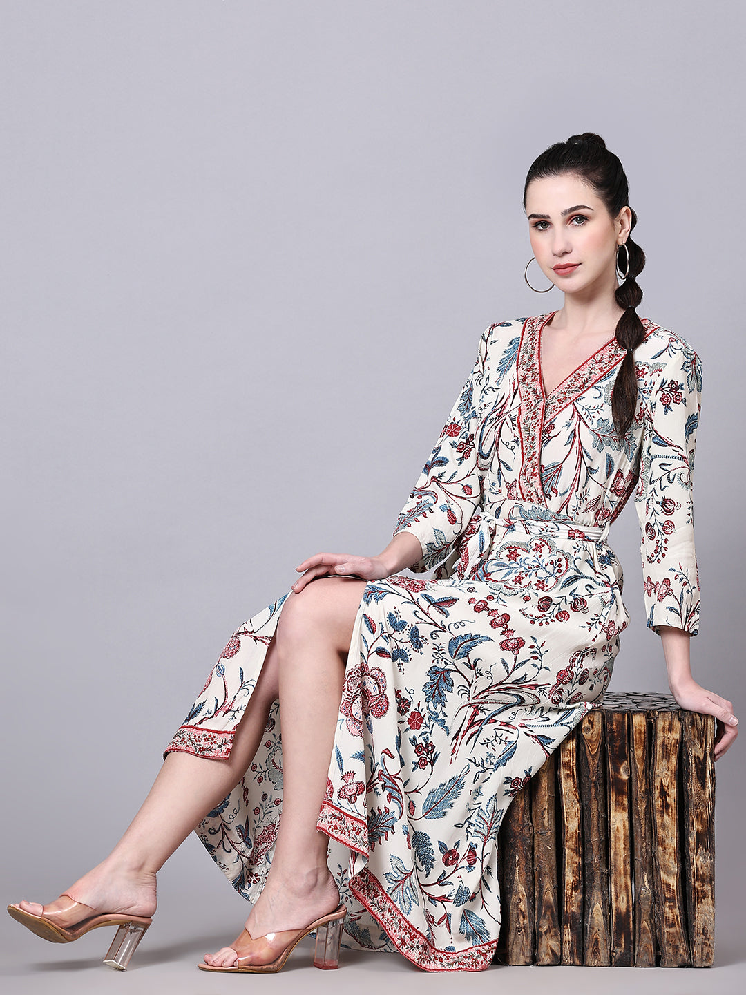 Pomegal White Floral Printed Wrap Midi Dress