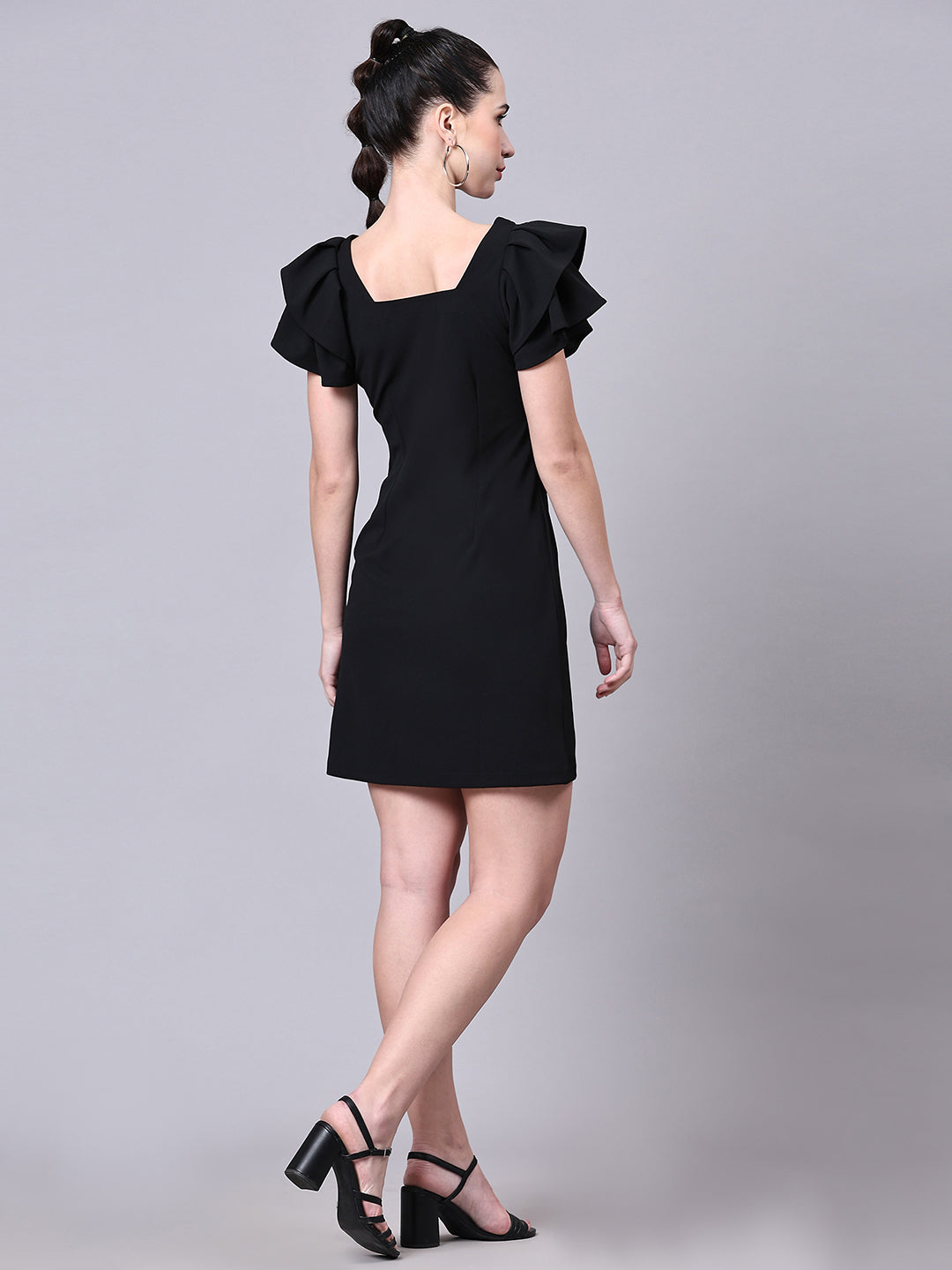 Pomegal Solid Black Bodycon Ruffle Dress
