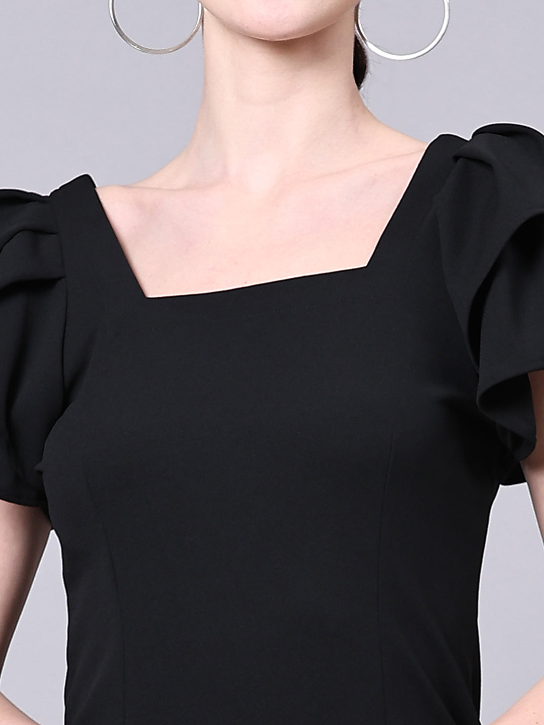 Pomegal Solid Black Bodycon Ruffle Dress