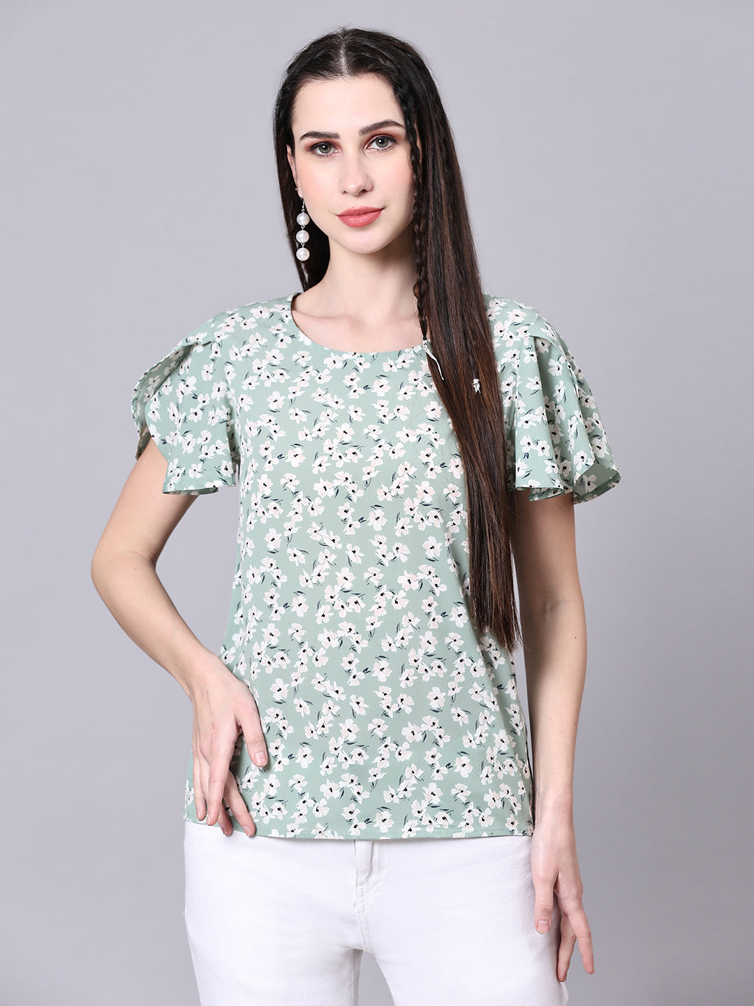 Green Floral Printed Casual Regular Top