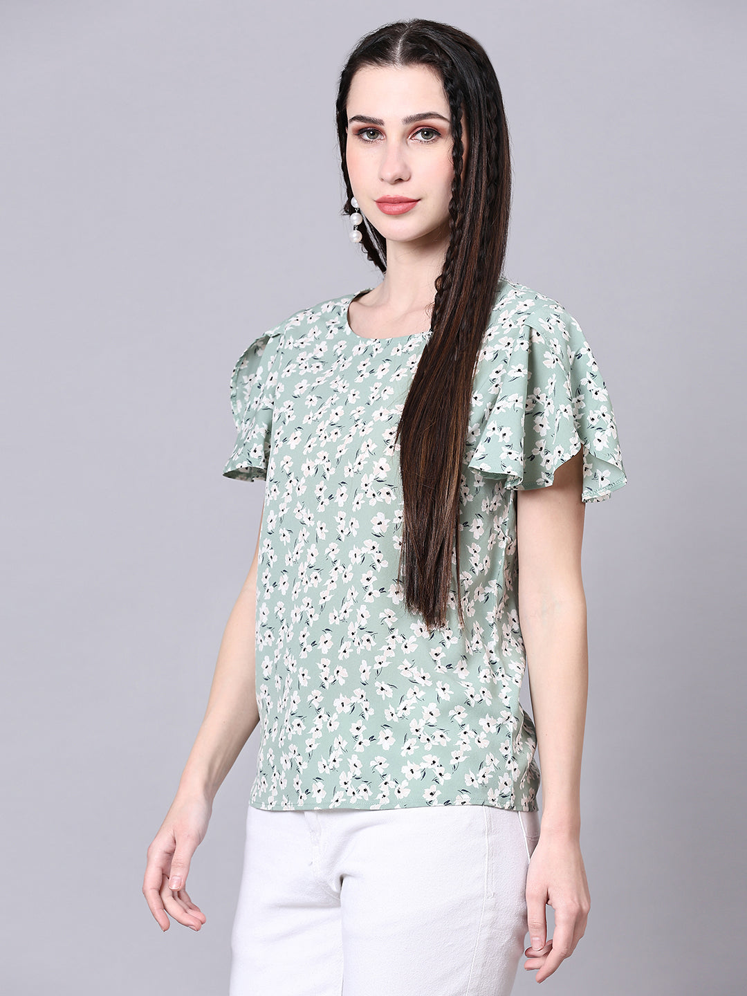 Green Floral Printed Casual Regular Top