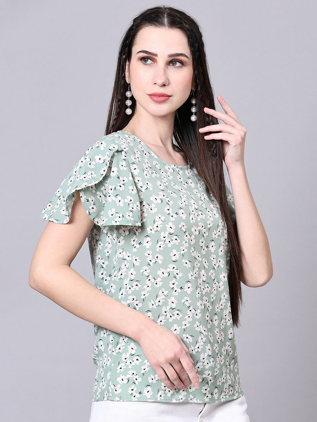 Green Floral Printed Casual Regular Top