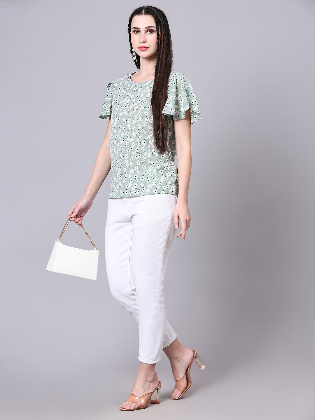 Green Floral Printed Casual Regular Top