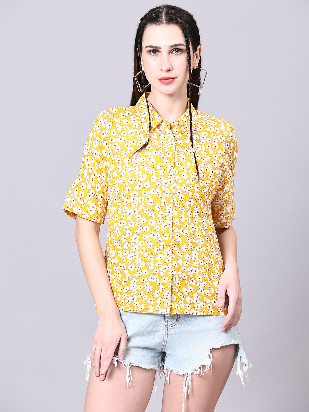 Grey Boxy Casual Floral Shirt Yellow