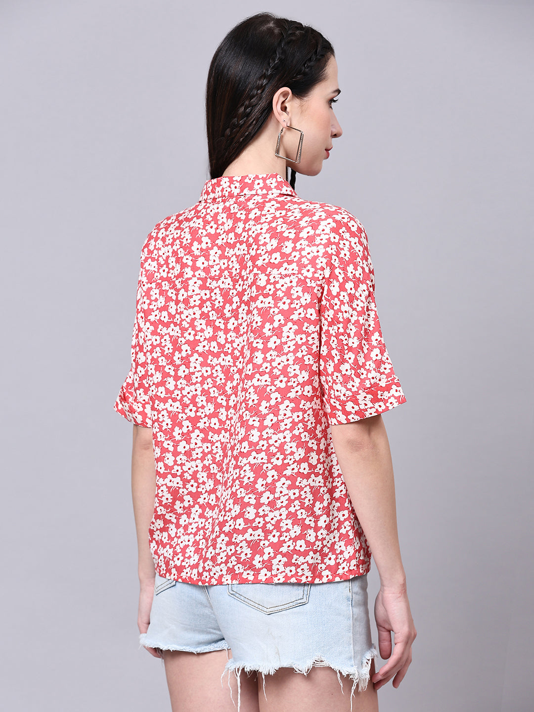 Pink Boxy Casual Floral Shirt