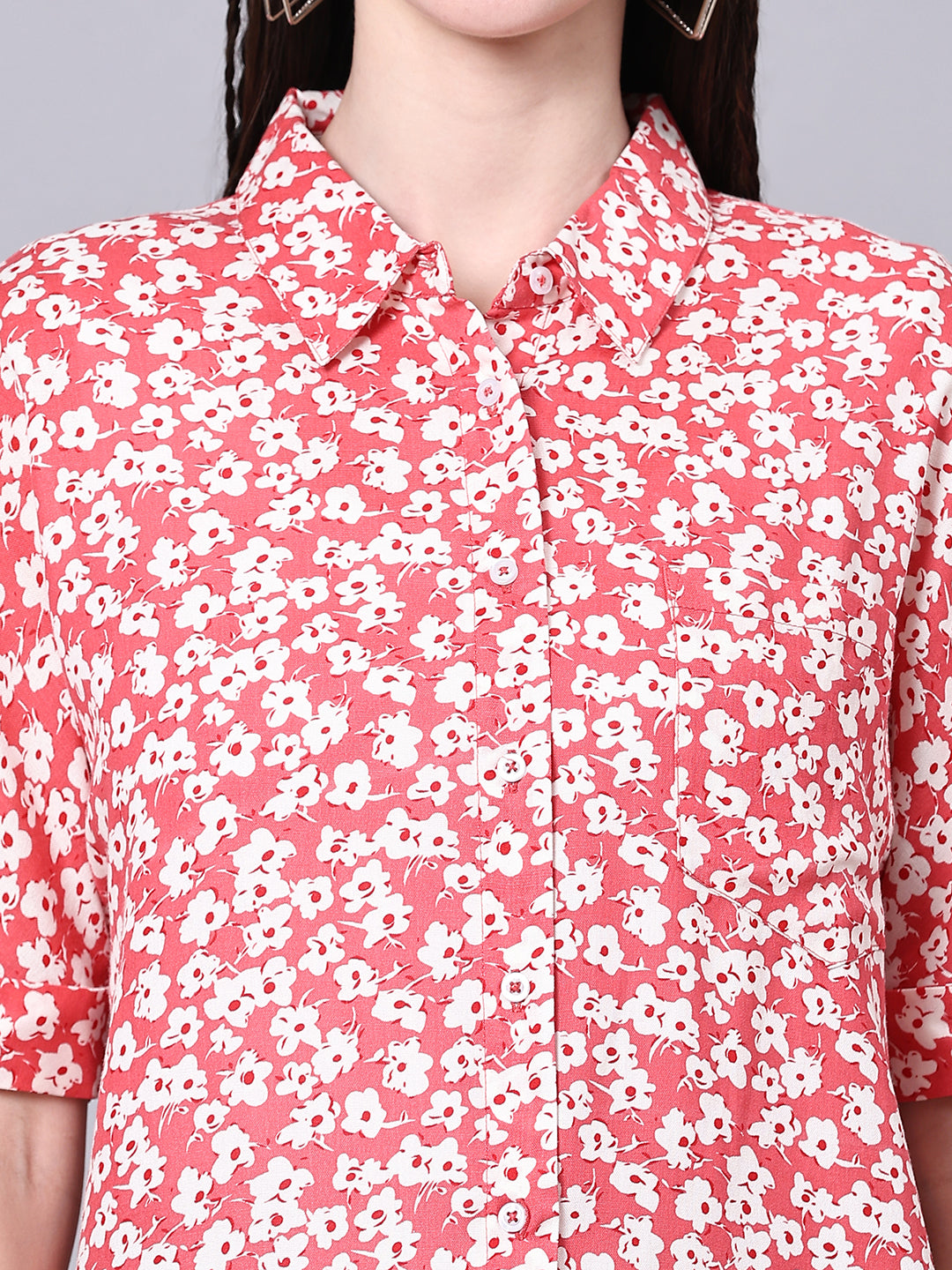 Pink Boxy Casual Floral Shirt