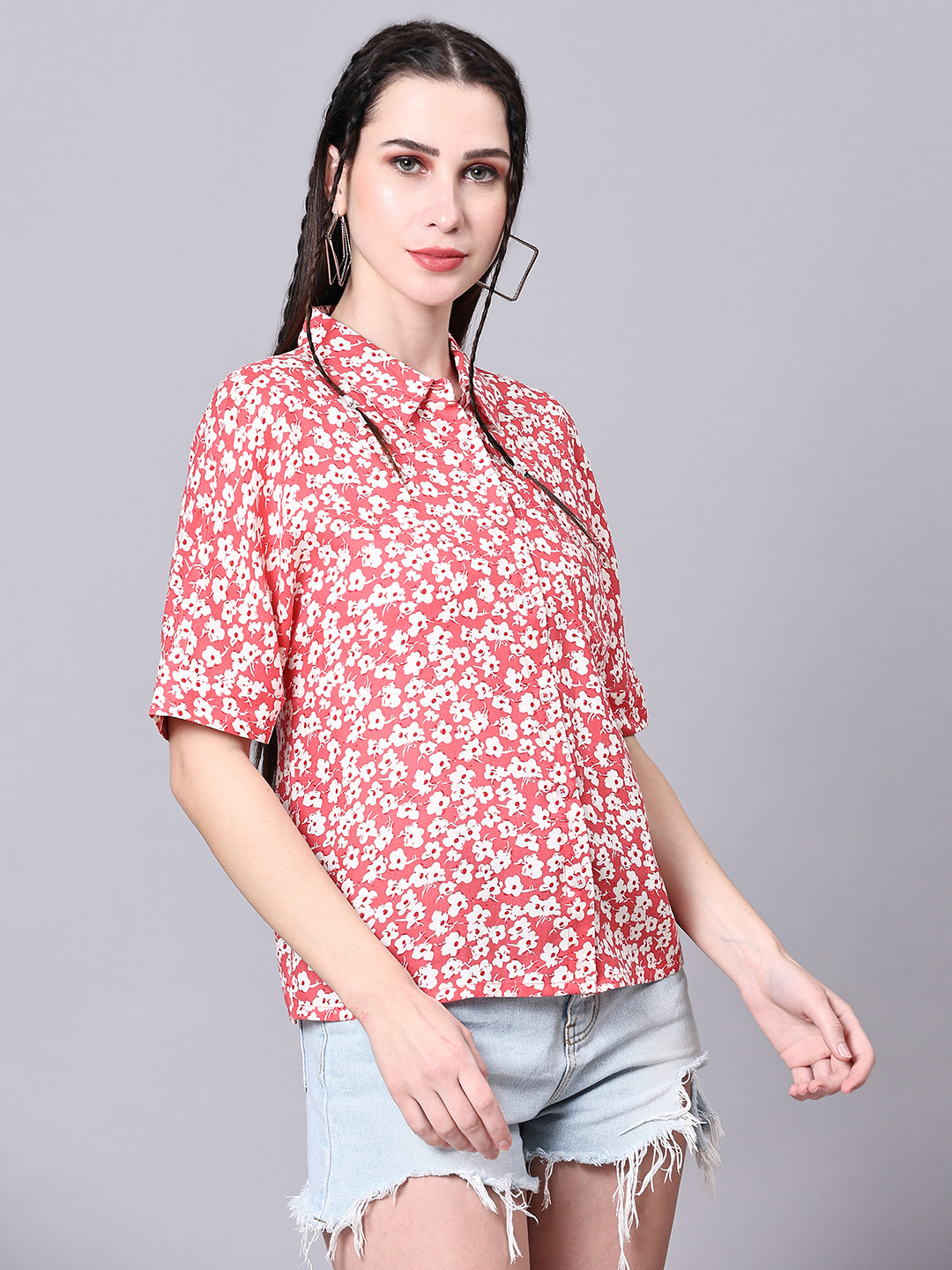 Pink Boxy Casual Floral Shirt