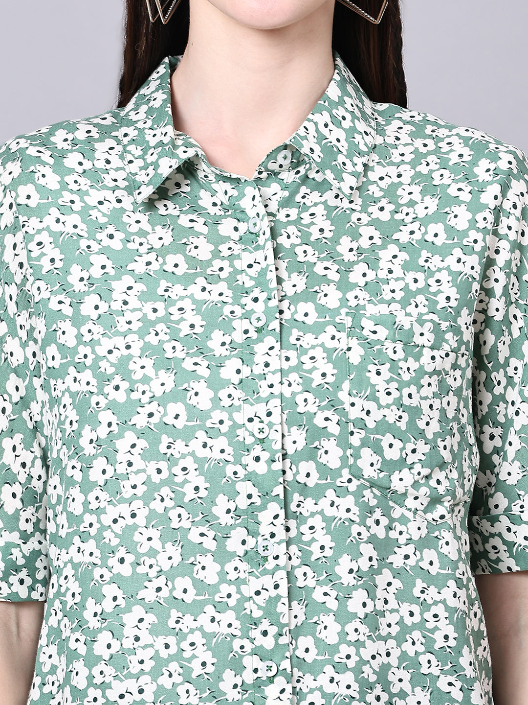 Green Boxy Casual Floral Shirt