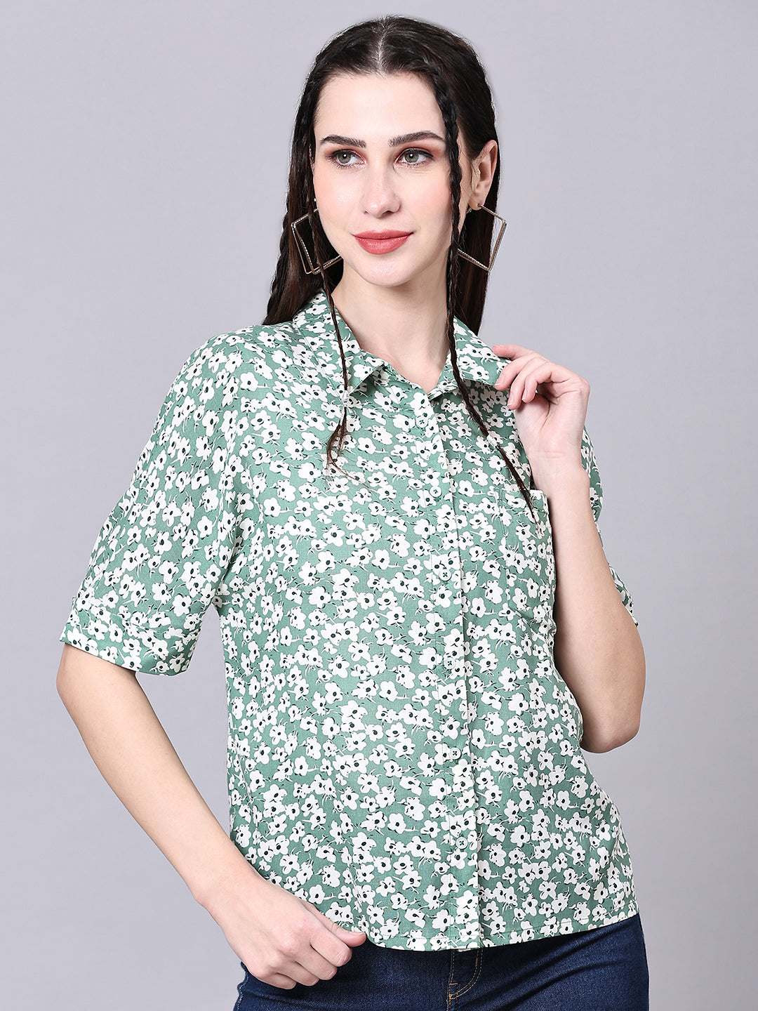 Green Boxy Casual Floral Shirt Green