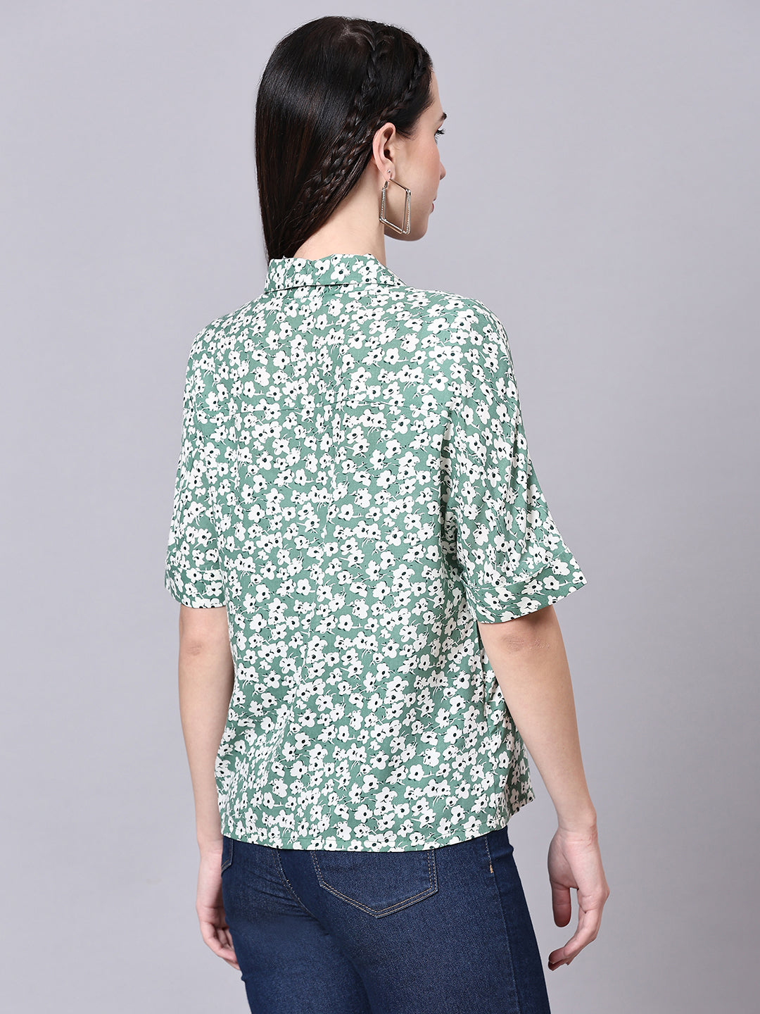 Green Boxy Casual Floral Shirt