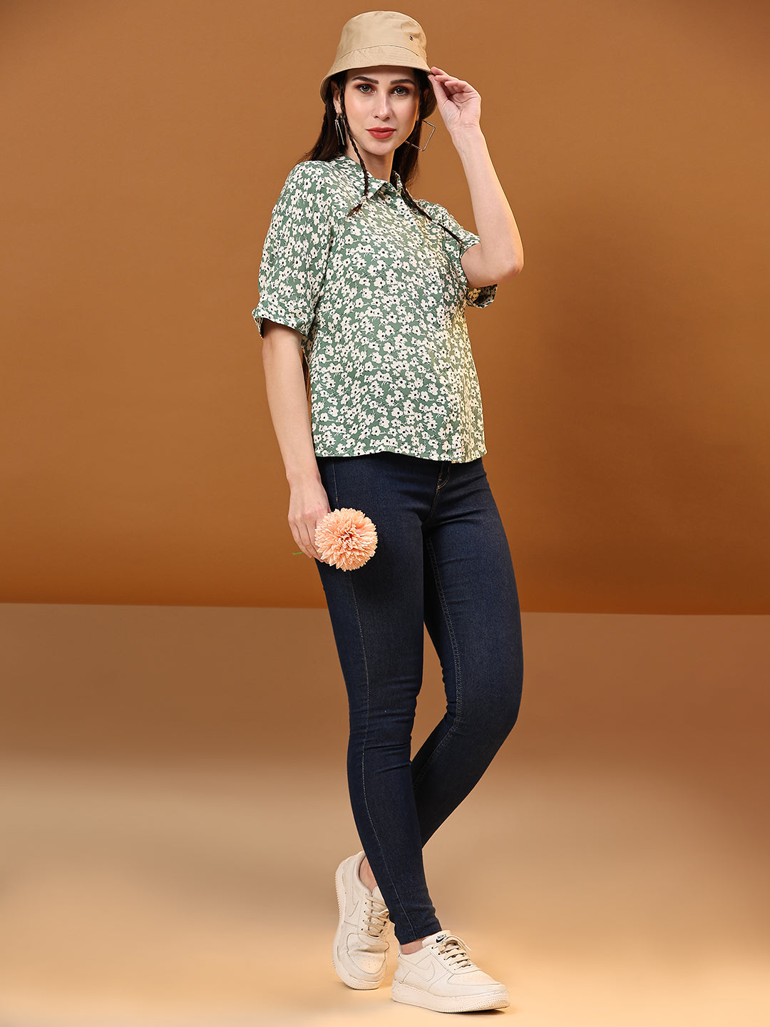 Green Boxy Casual Floral Shirt