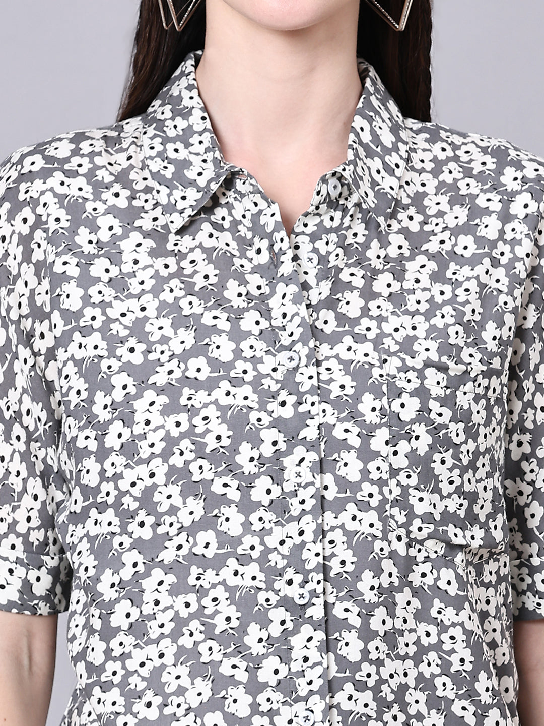 Grey Boxy Casual Floral Shirt