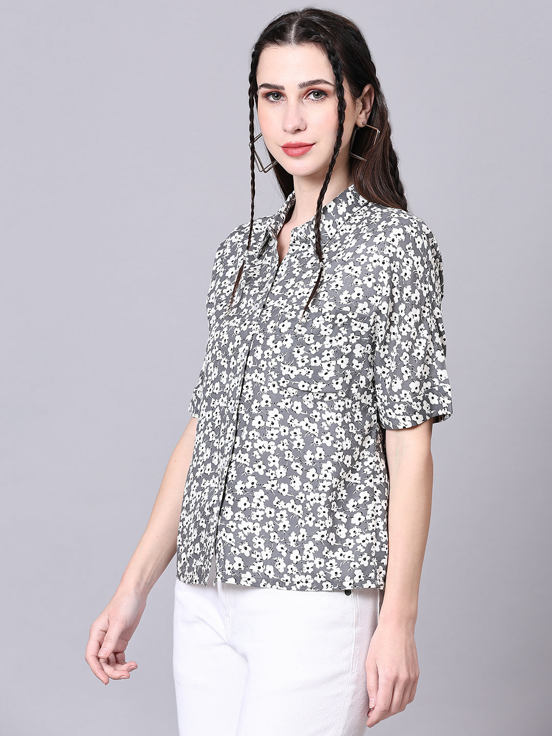 Grey Boxy Casual Floral Shirt