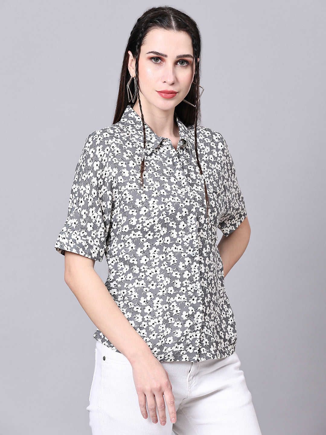 Grey Boxy Casual Floral Shirt