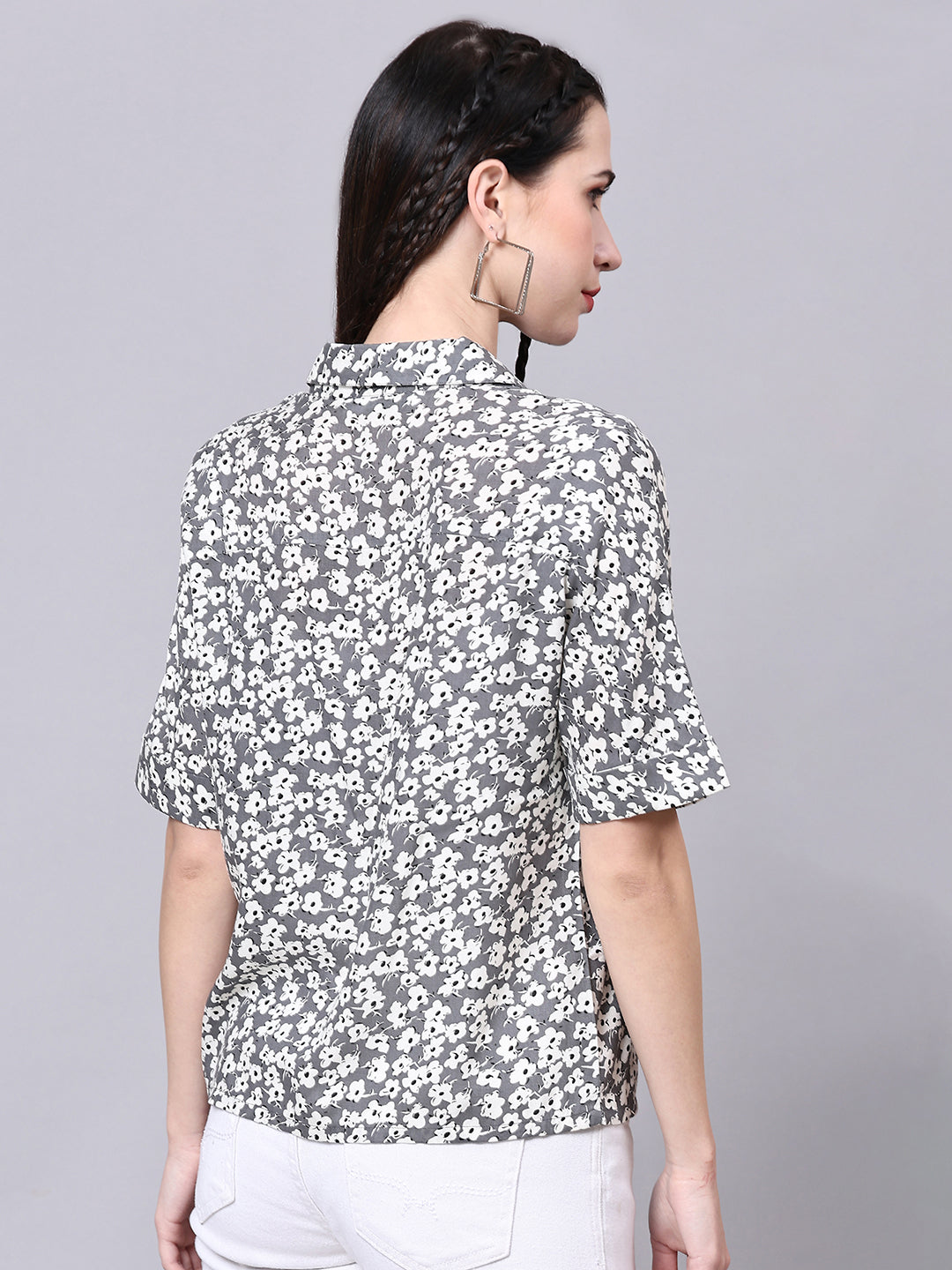 Grey Boxy Casual Floral Shirt