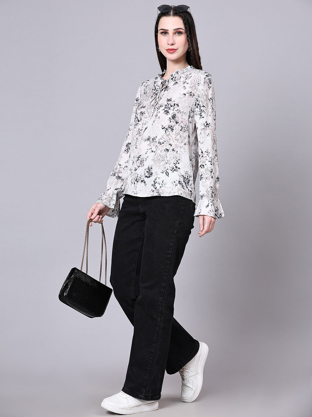 Off White Floral Printed Casual Lace Insert Top