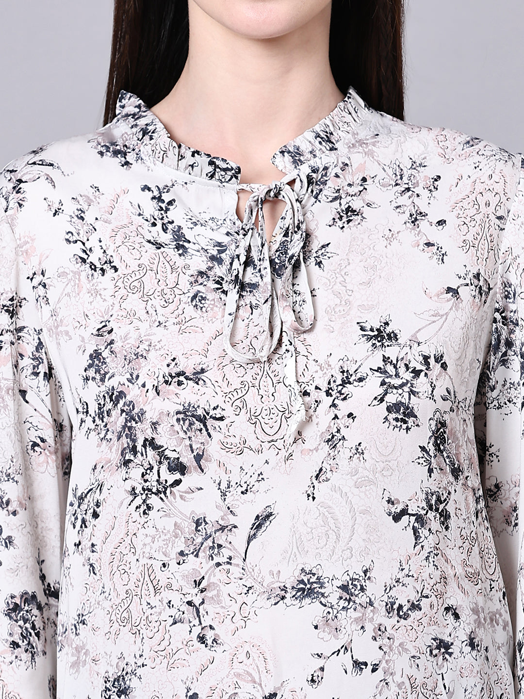 Off White Floral Printed Casual Lace Insert Top