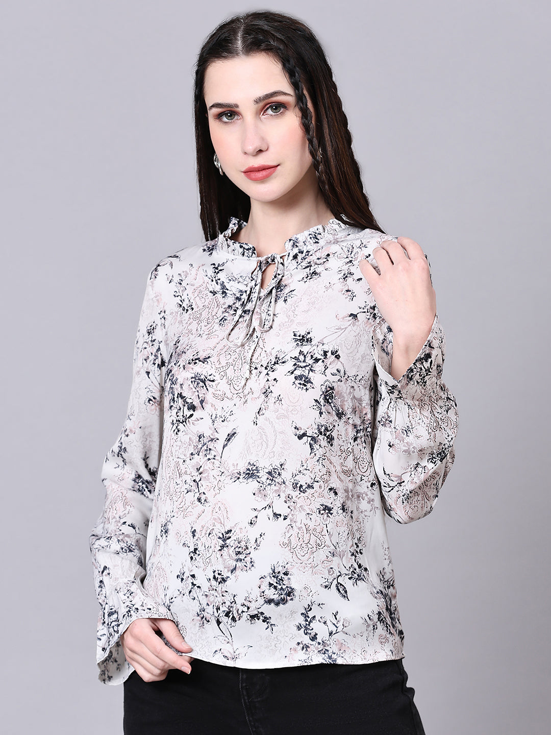 Off White Floral Printed Casual Lace Insert Top