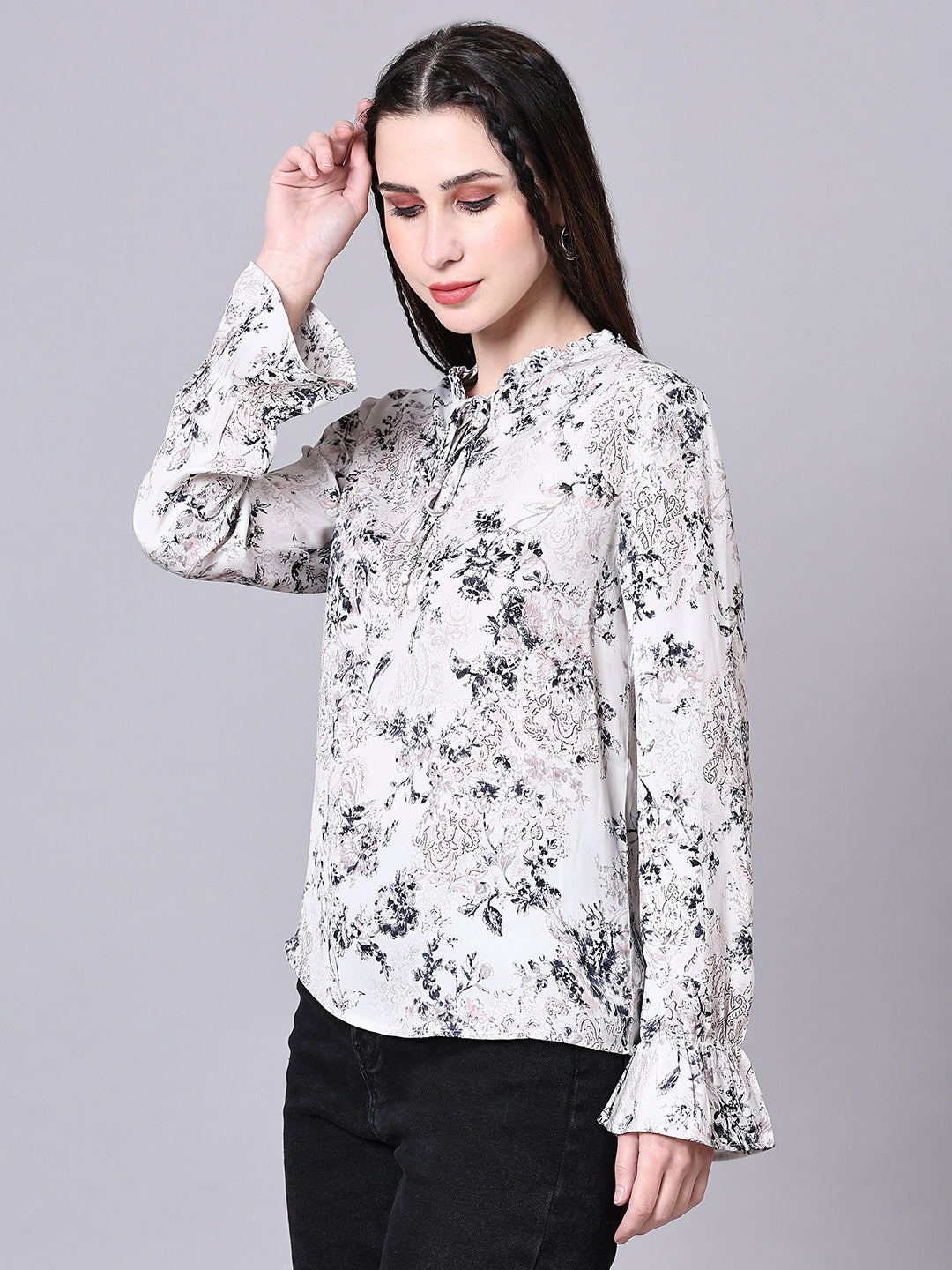 Off White Floral Printed Casual Lace Insert Top