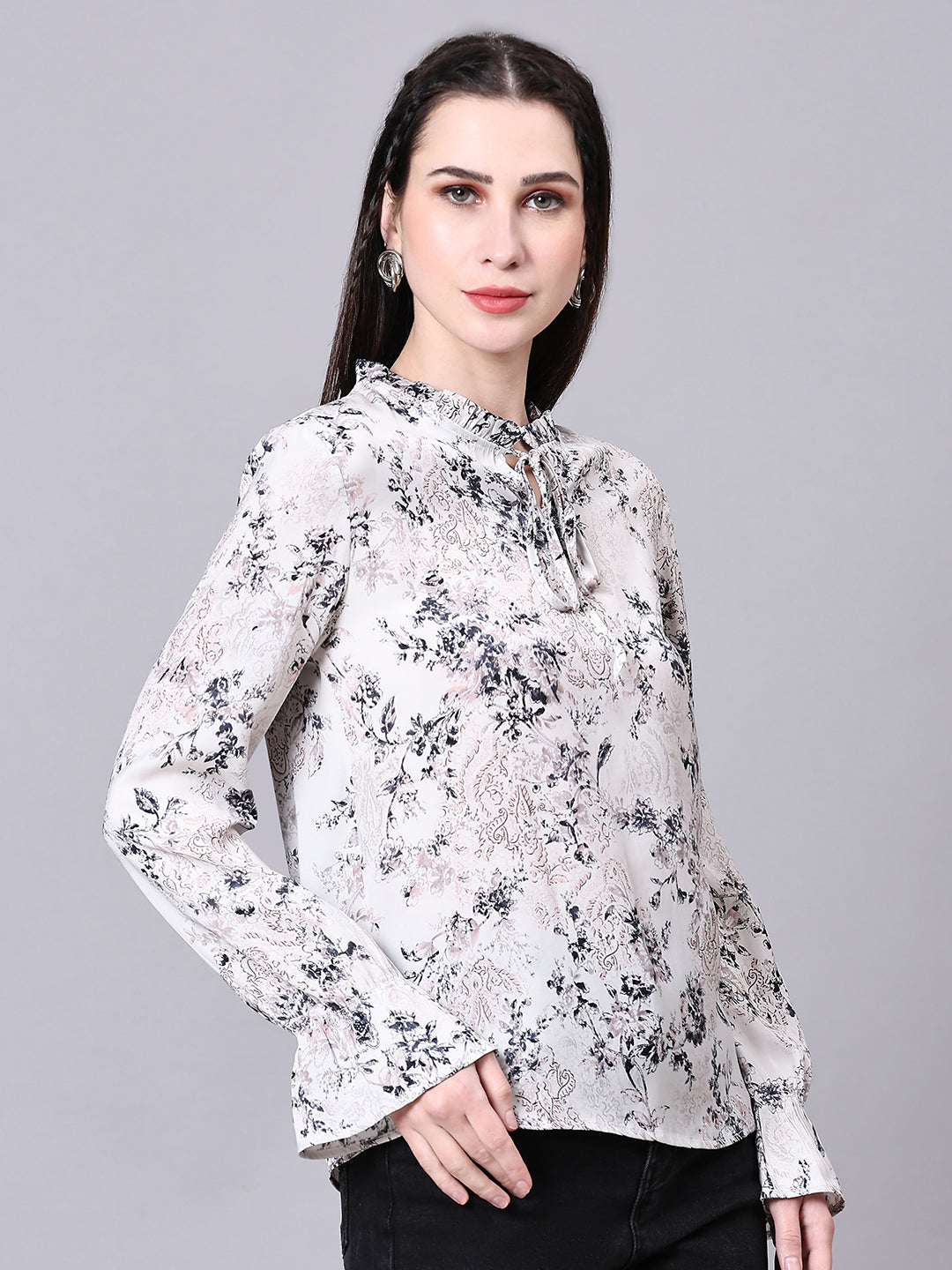 Off White Floral Printed Casual Lace Insert Top