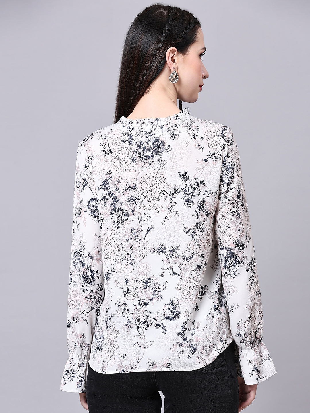 Off White Floral Printed Casual Lace Insert Top