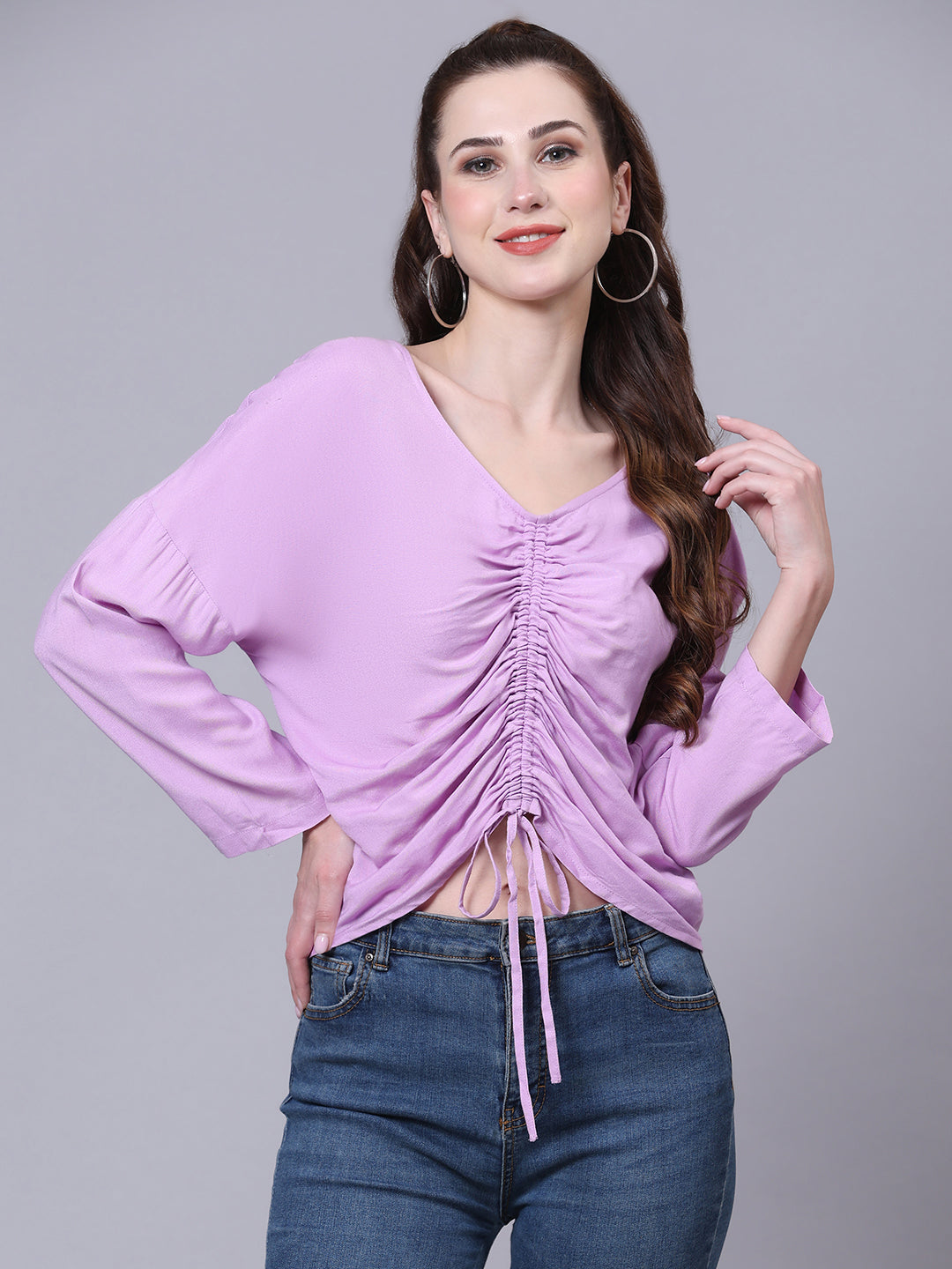 Green Solid Casual Ruched Top Purple