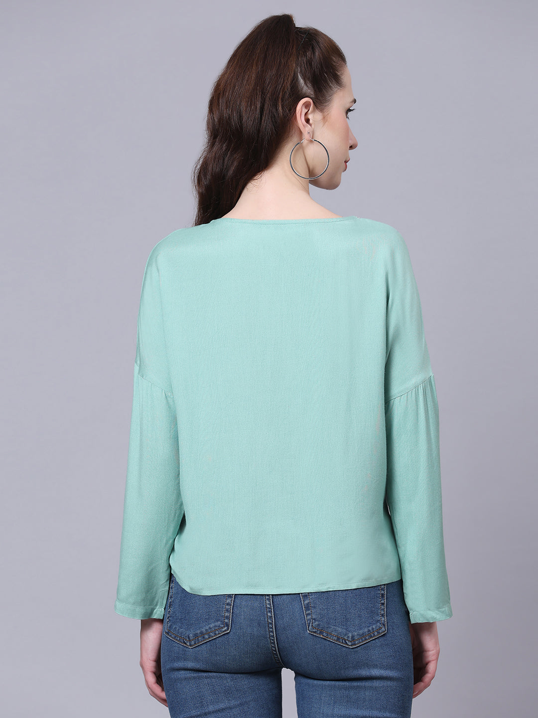 Green Solid Casual Ruched Top