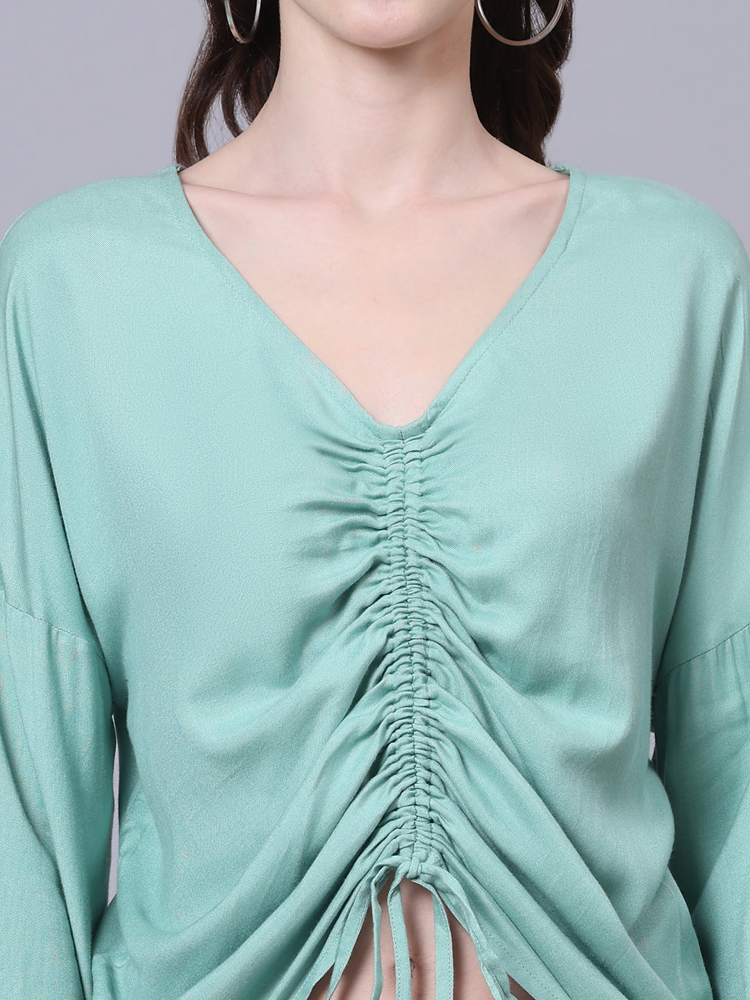 Green Solid Casual Ruched Top