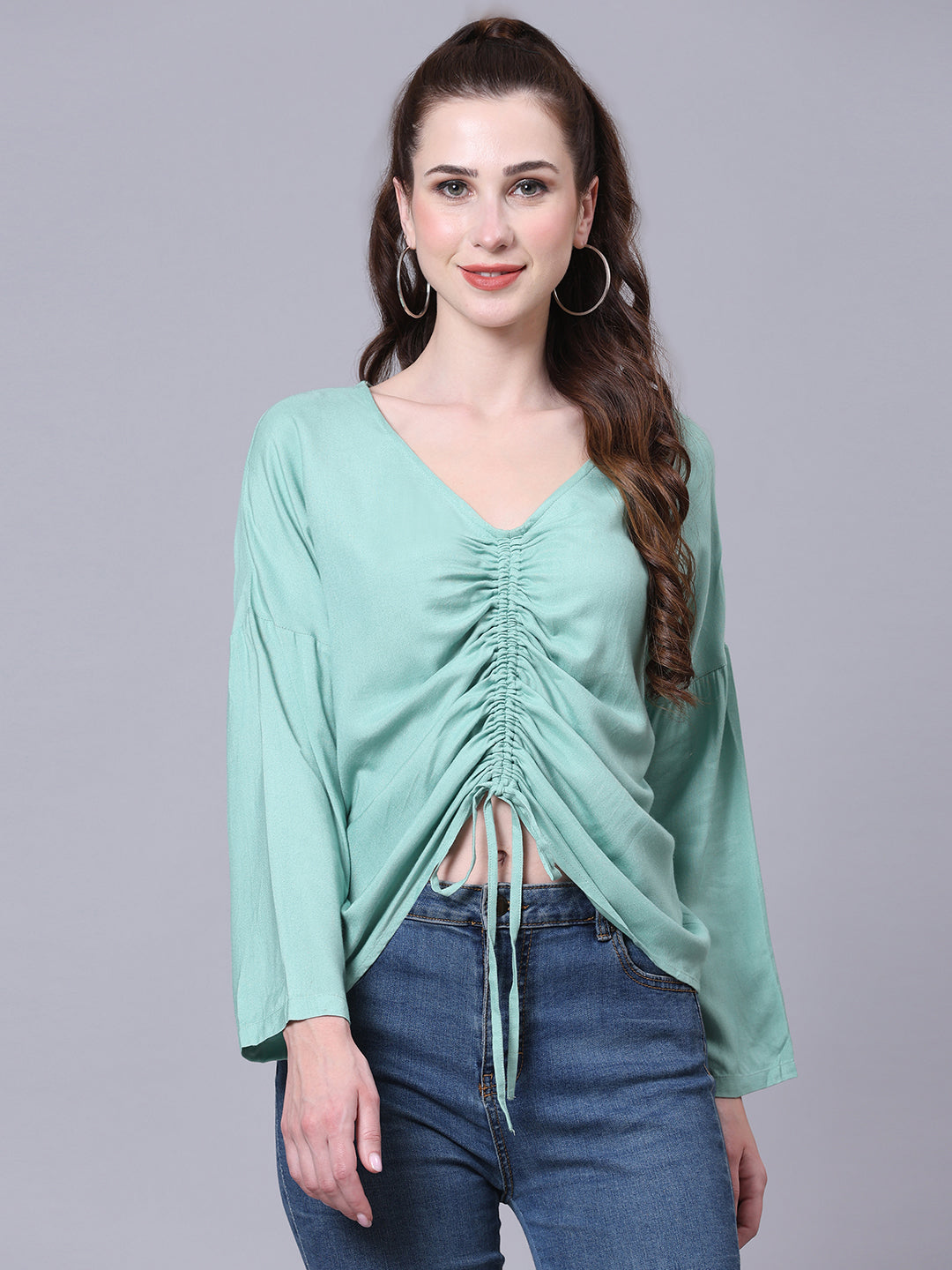 Green Solid Casual Ruched Top Green